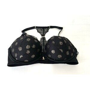 Victoria's Secret PINK 36D Black Gold Lace Racerback Date Push-up Bra Front Clos